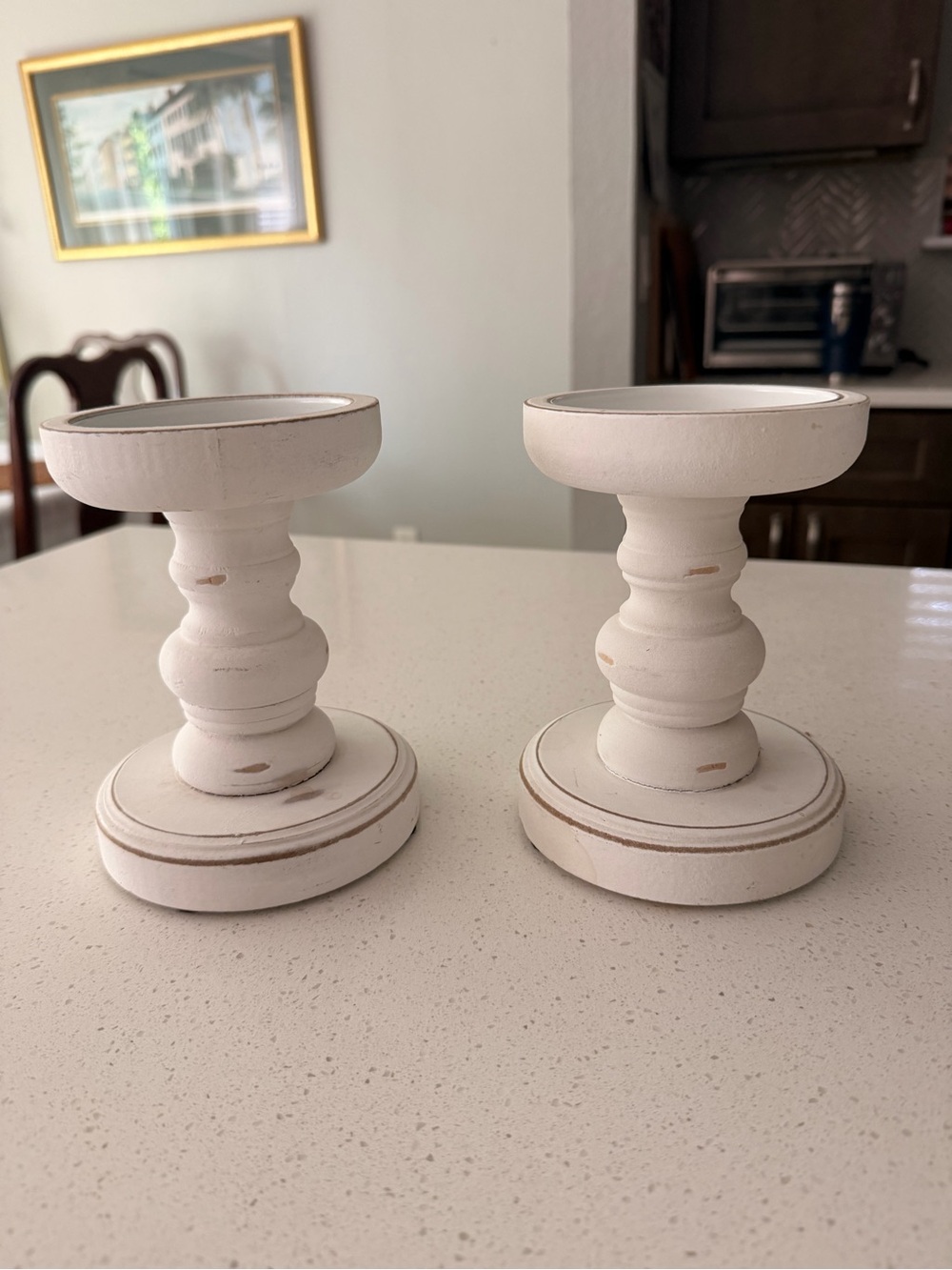 White Distressed Wood Pillar Candle Holders - Set of 2
